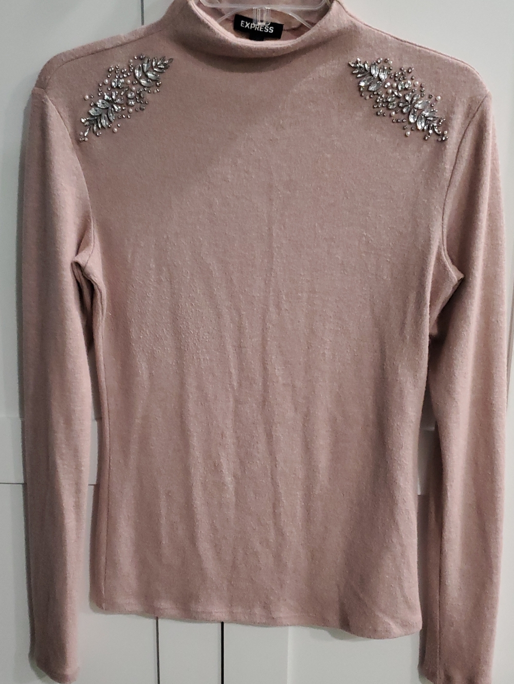 Express Blush Pink Beaded Mock Neck Long Sleeve Top